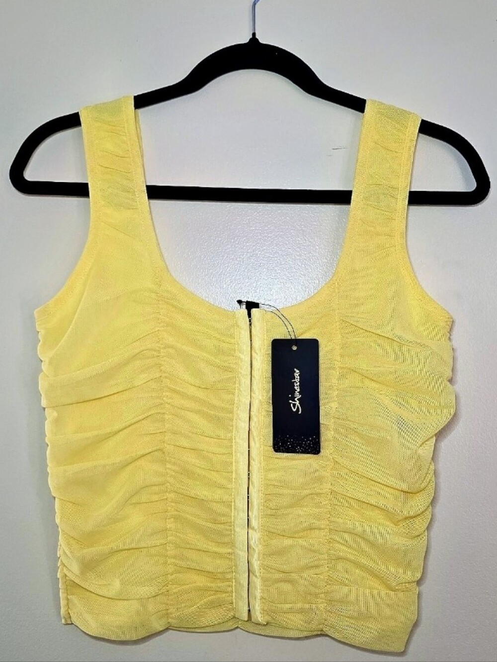 Yellow Ruched Mesh Crop Top Corset-Inspired Sleeveless Tank Size L